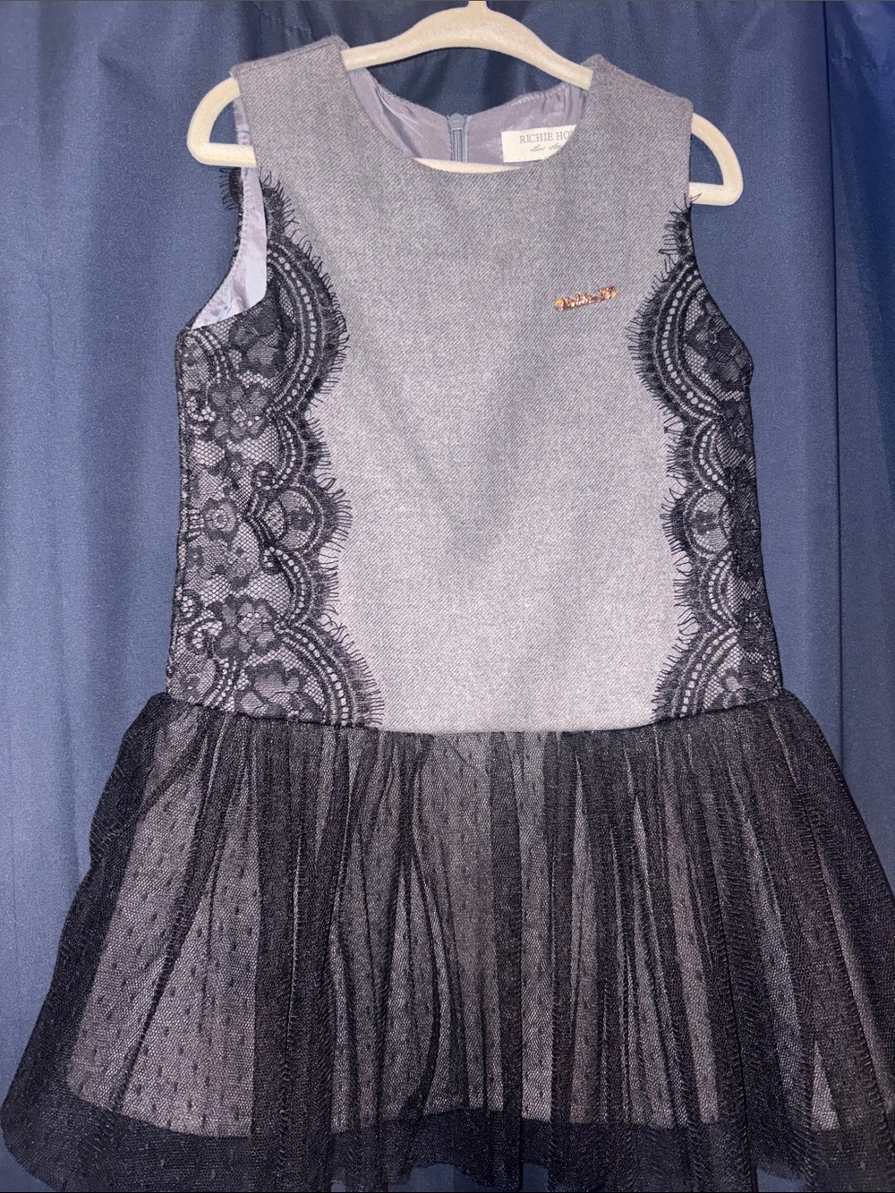Richie House Girls' Gray & Black Lace Tulle Party Dress